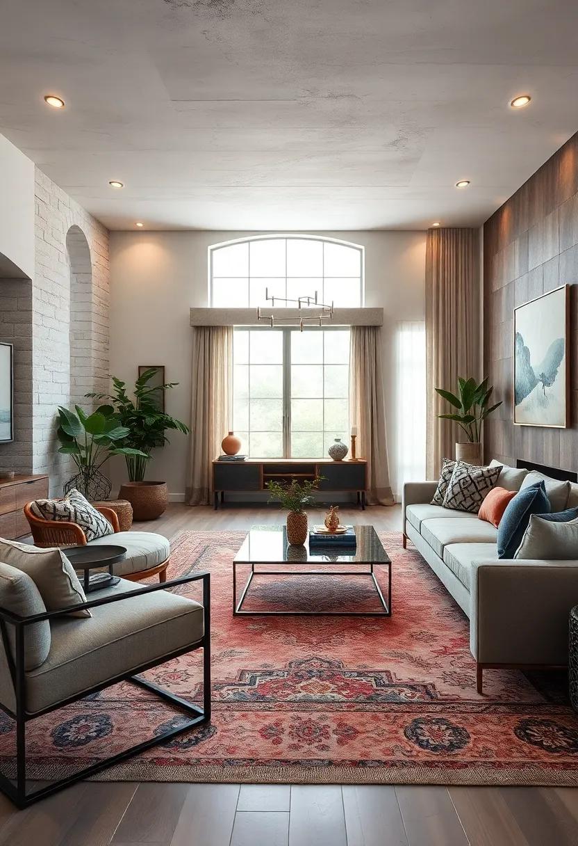 Layer​ Rugs with Metal Furniture for Depth