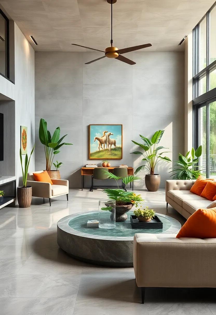 Incorporate a Water Feature: Add a small indoor water fountain or aquaponics system to bring tranquility, sustainability, and a unique focal point into your living area