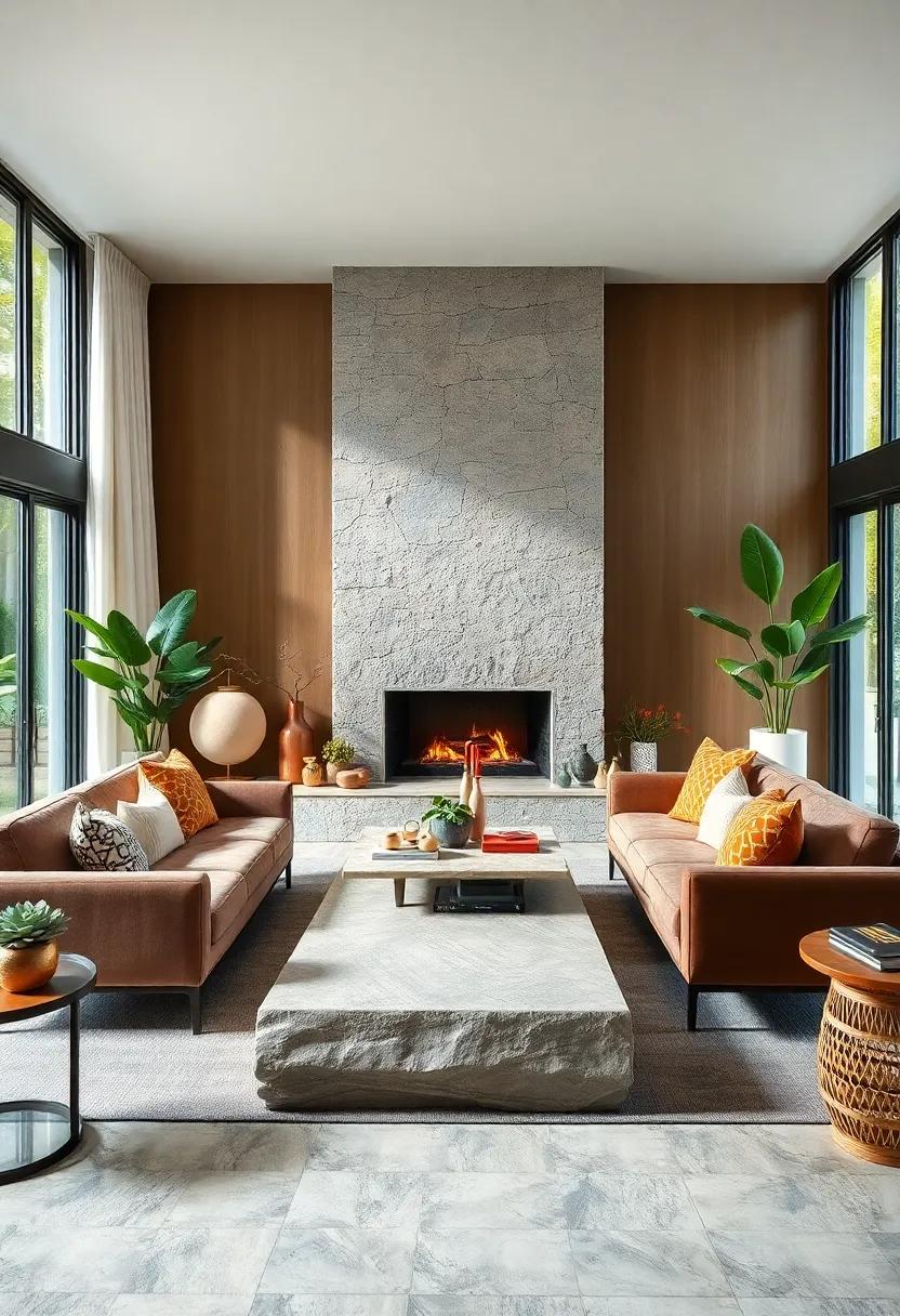 Use Natural Stone Accents: Incorporate stone pieces, like a coffee table or fireplace surround, for their timeless appeal and sustainability