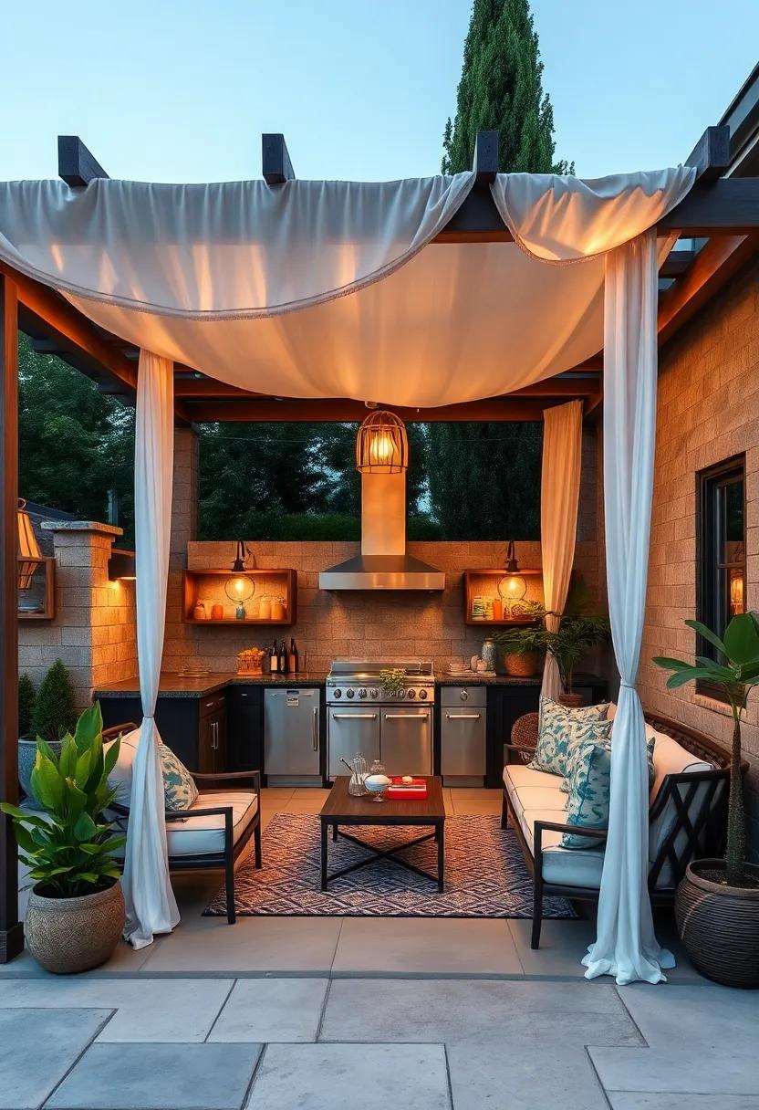 Cozy Nook: Create an‍ intimate space with ‍a⁣ small pergola⁤ draped in ⁢sheer fabric, offering⁤ a ⁤soft, inviting glow ​as you⁢ cook⁣ and entertain under ‍the stars