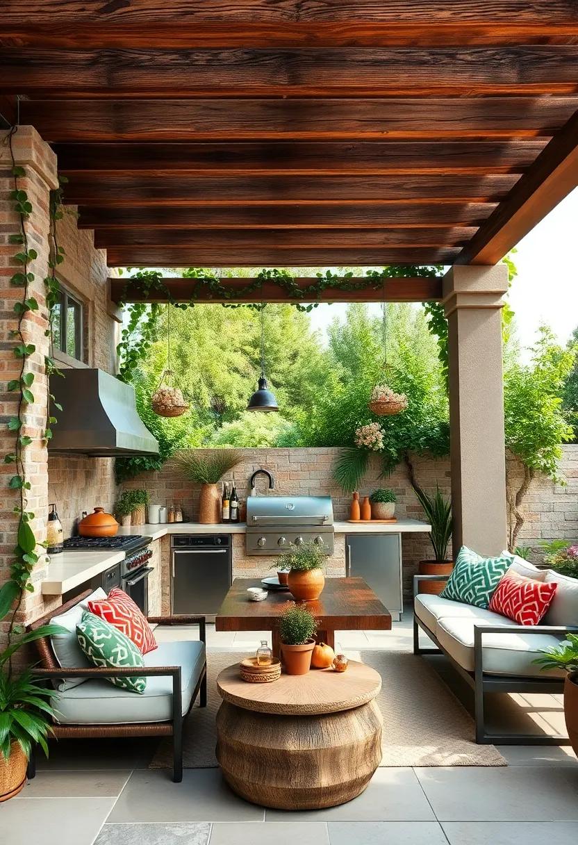 Embrace Nature: A rustic‍ wooden pergola entwined with climbing vines ⁢creates ​a serene atmosphere, perfect ⁣for outdoor cooking and dining