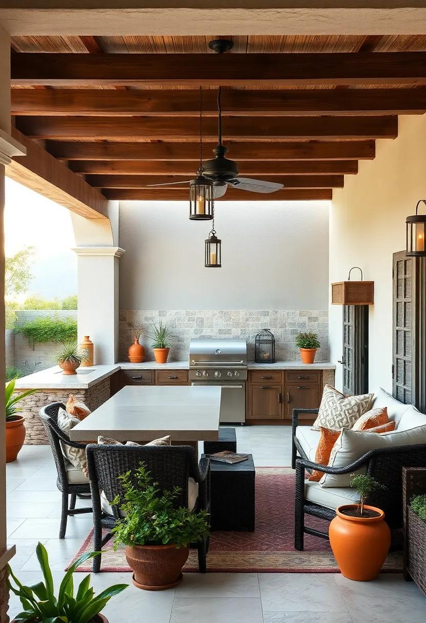 Mediterranean Oasis: Capture the essence of the ⁣Mediterranean with a stucco-style pergola adorned with hanging lanterns‍ and vibrant potted herbs