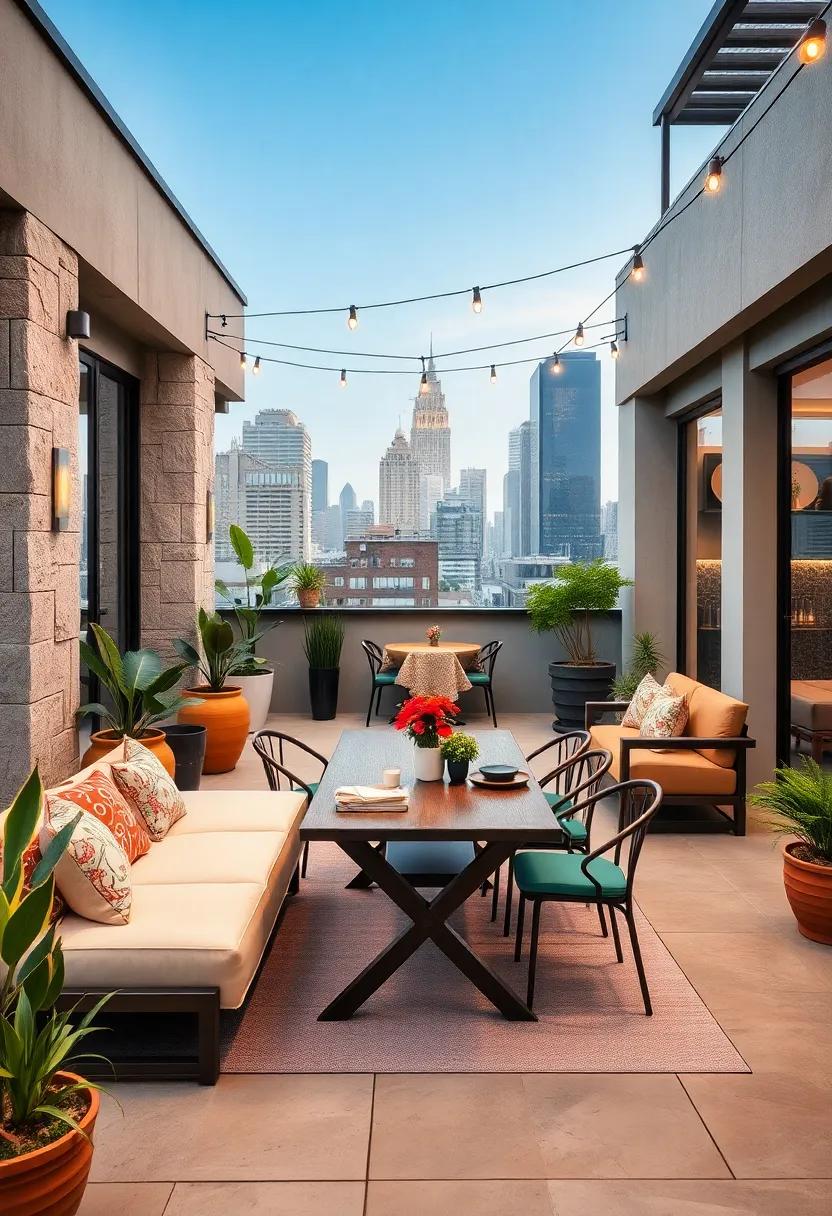 Urban Rooftop Oasis:⁤ Make the⁣ most of ⁤city living ‍by transforming a rooftop space into an‍ inviting ‌dining ⁢area with ⁢potted plants, cozy seating, and stunning⁣ skyline ⁣views