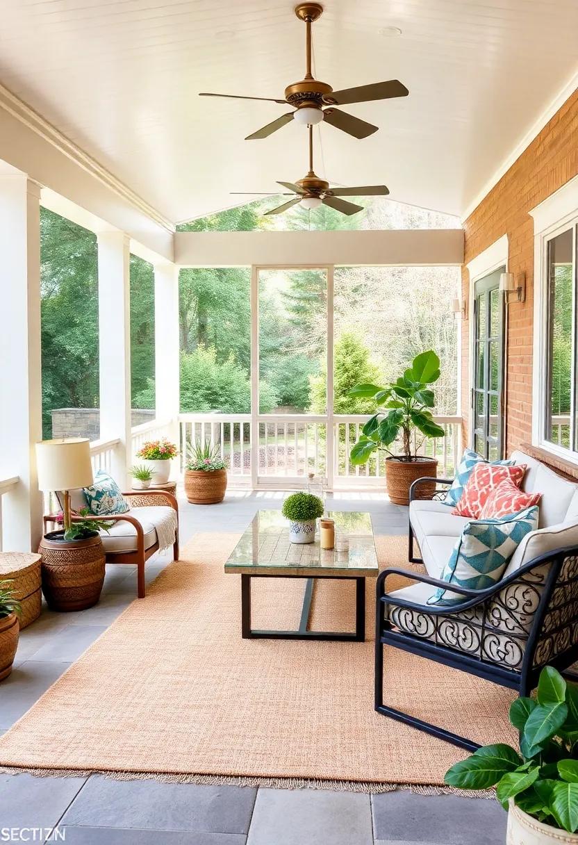 Outdoor Rug: Define your space with an outdoor rug that adds texture and warmth,making your screened porch feel like a true retreat