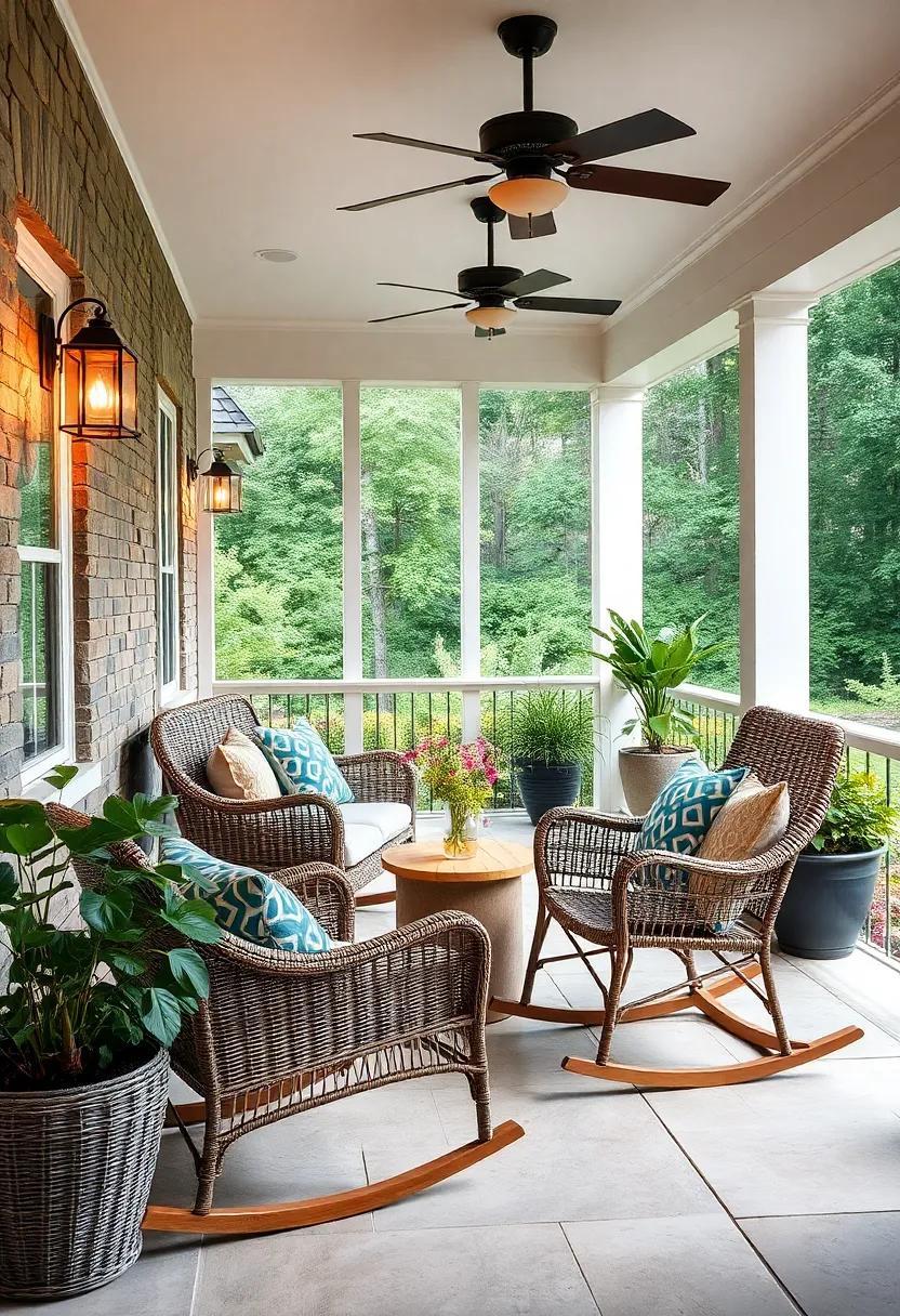 Wicker rocking chairs: Add a touch of nostalgia with charming wicker rocking chairs that gently sway you into relaxation while enjoying the view