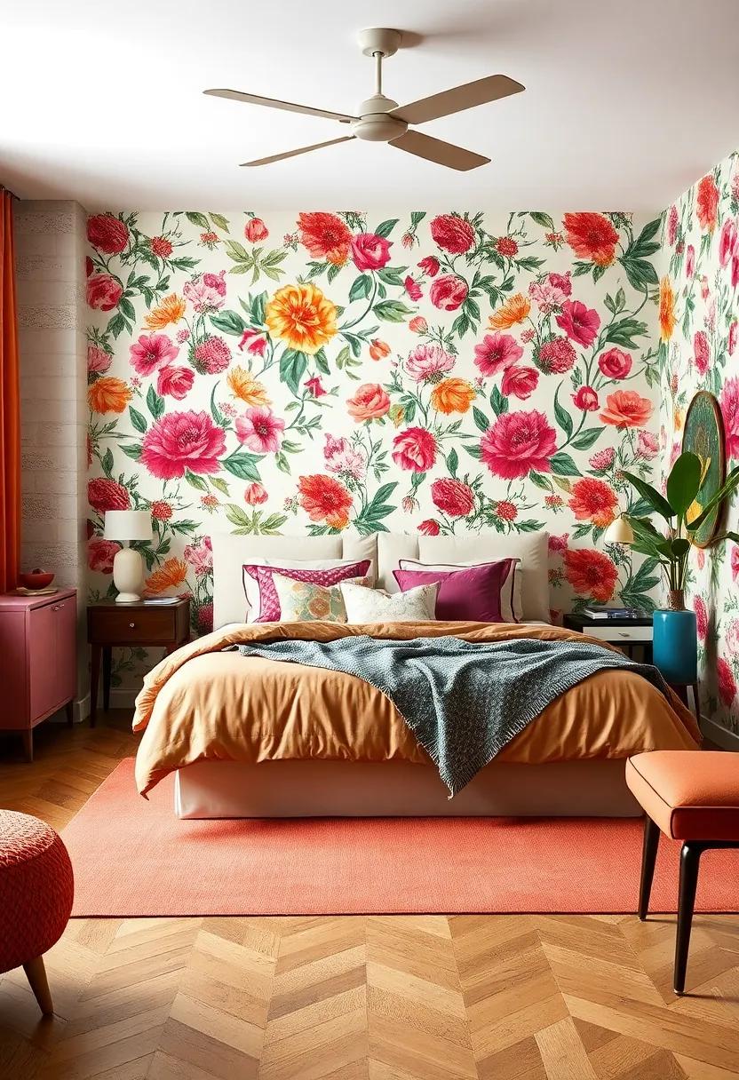Choose ‌vibrant floral wallpaper to create a feature wall that sets a bold tone for your‌ retro bedroom