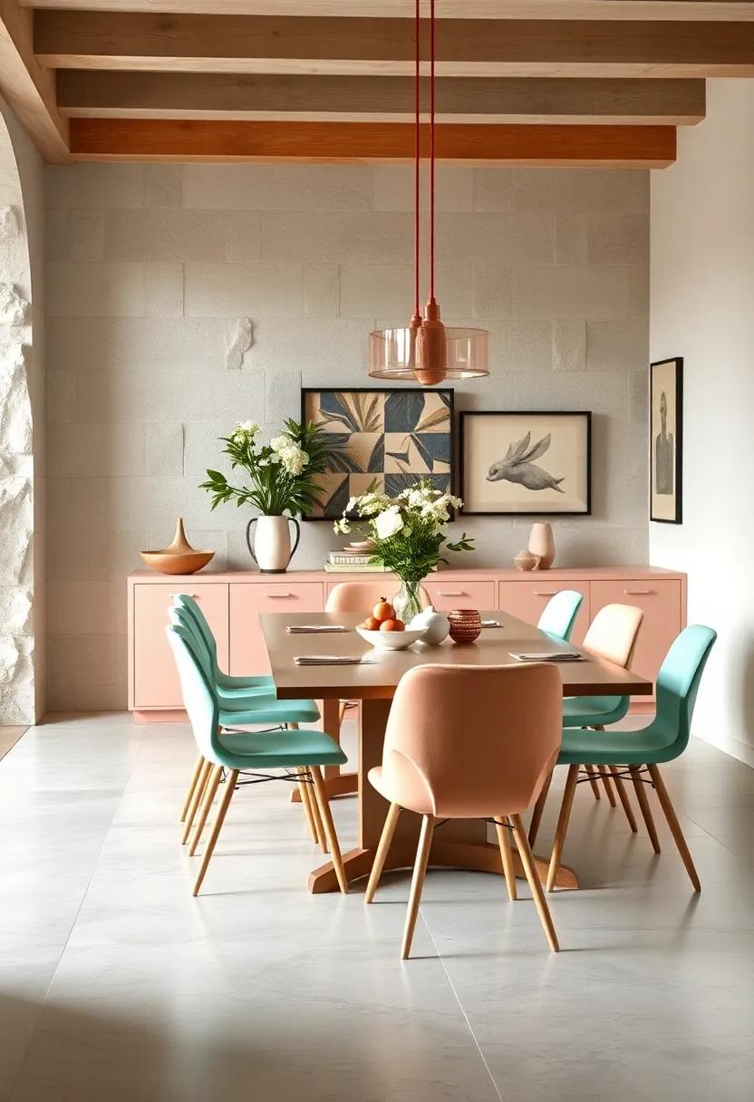 Revamp your dining space with mismatched pastel chairs, ​allowing each family member to enjoy their unique touch while keeping the retro vibe intact