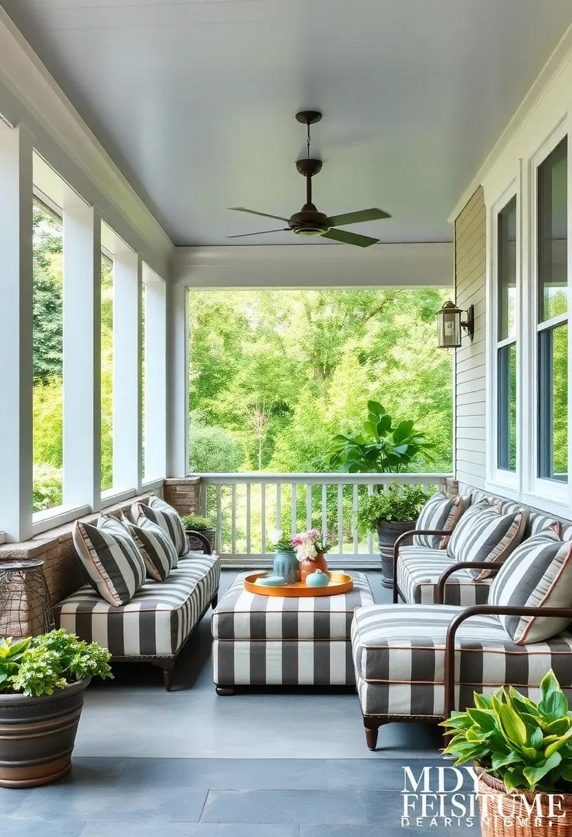 Enhance Your Porch‌ with Striped Ottomans: Use striped ottomans that double as seating and footrests, adding versatility and⁢ style at the same​ time