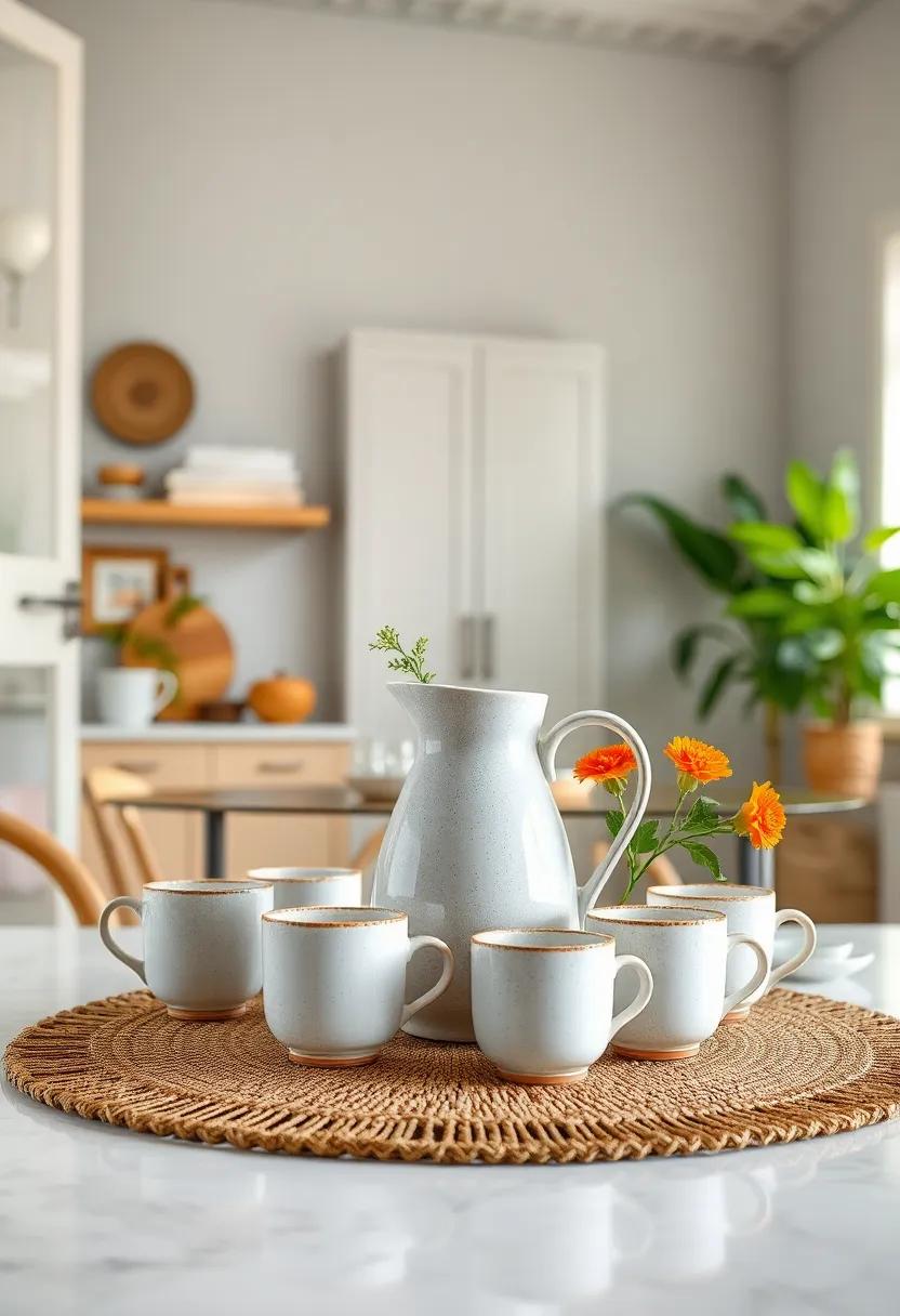 Ceramic pitcher and cups: A vintage ceramic pitcher with matching cups⁤ creates a casual ‌yet stylish display, perfect for entertaining