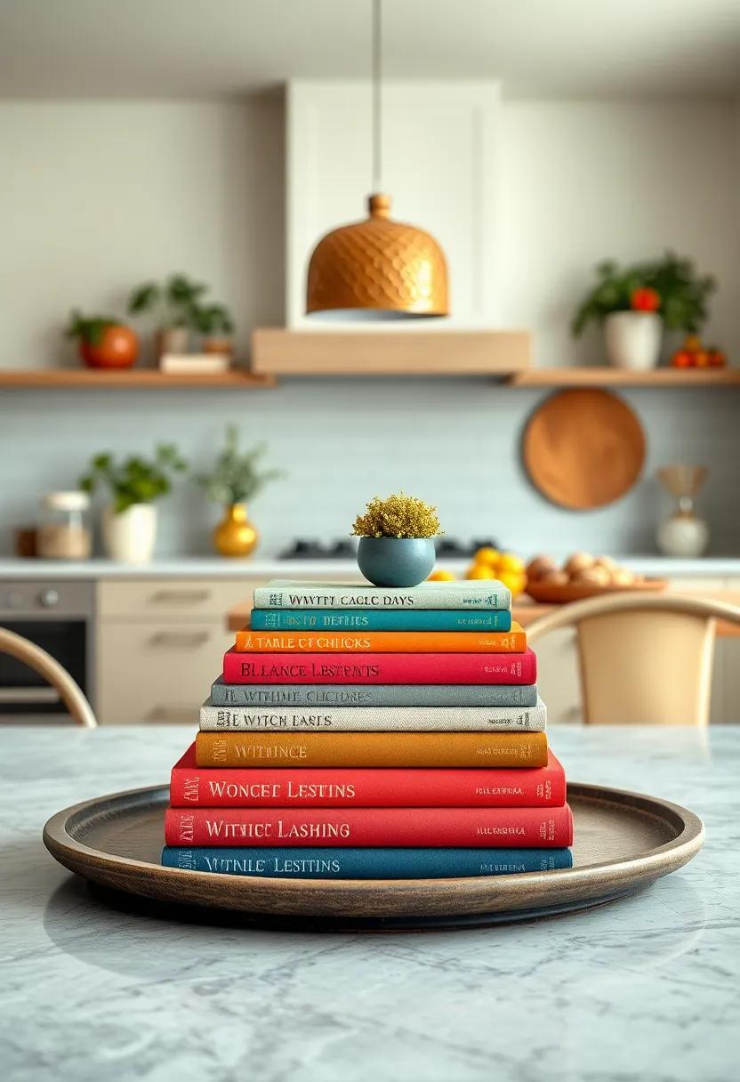 Colorful Stack of Books: A stack of ‍colorful or vintage ‍cookbooks ‍topped ⁤with a small decorative item brings character and warmth