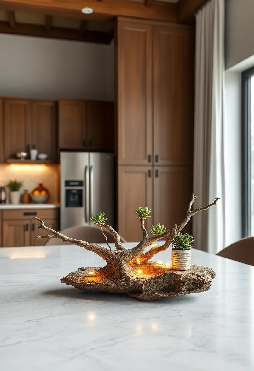 Driftwood Centerpiece: A​ unique piece of driftwood, adorned with LED lights or ‍small potted plants, adds a natural element
