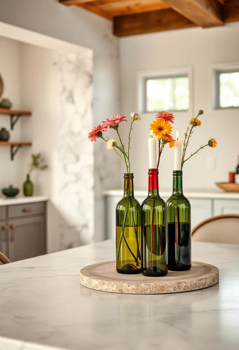 Recycled Wine Bottles: Paint or leave wine‍ bottles bare to⁢ use as vases for flowers or as candle holders for a casual look