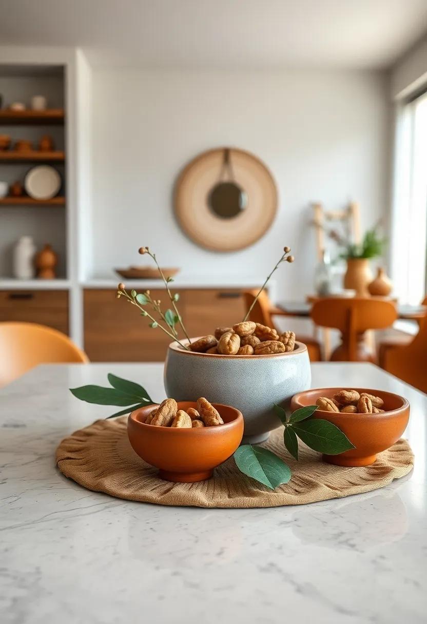 Terracotta Bowls with nuts: group small terracotta bowls​ filled with nuts ⁤or snacks for a functional yet attractive centerpiece