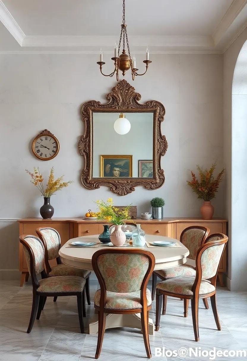 Antique Mirrors: Hang an ornate vintage mirror to create depth and elegance, reflecting light and enhancing the vintage ambiance