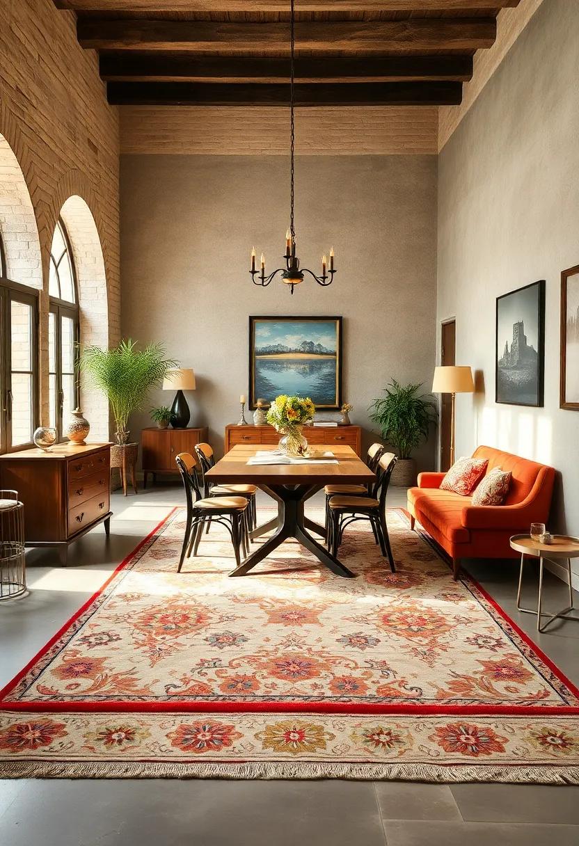 Rugs with Retro Patterns: Lay down a bold patterned rug, like a Persian or geometric design, to anchor the dining space and add warmth underfoot