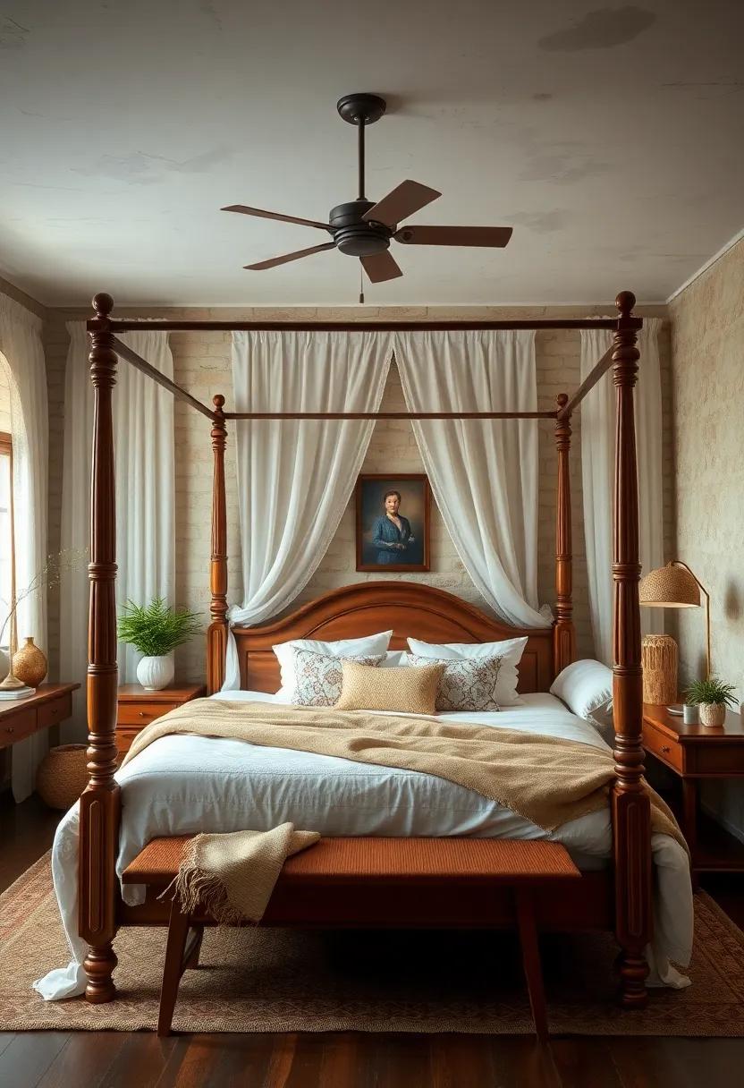 Channel the rustic charm of country cottages with vintage lace ‌curtains and a ‍wooden four-poster bed, creating ‌a‌ cozy, inviting retreat