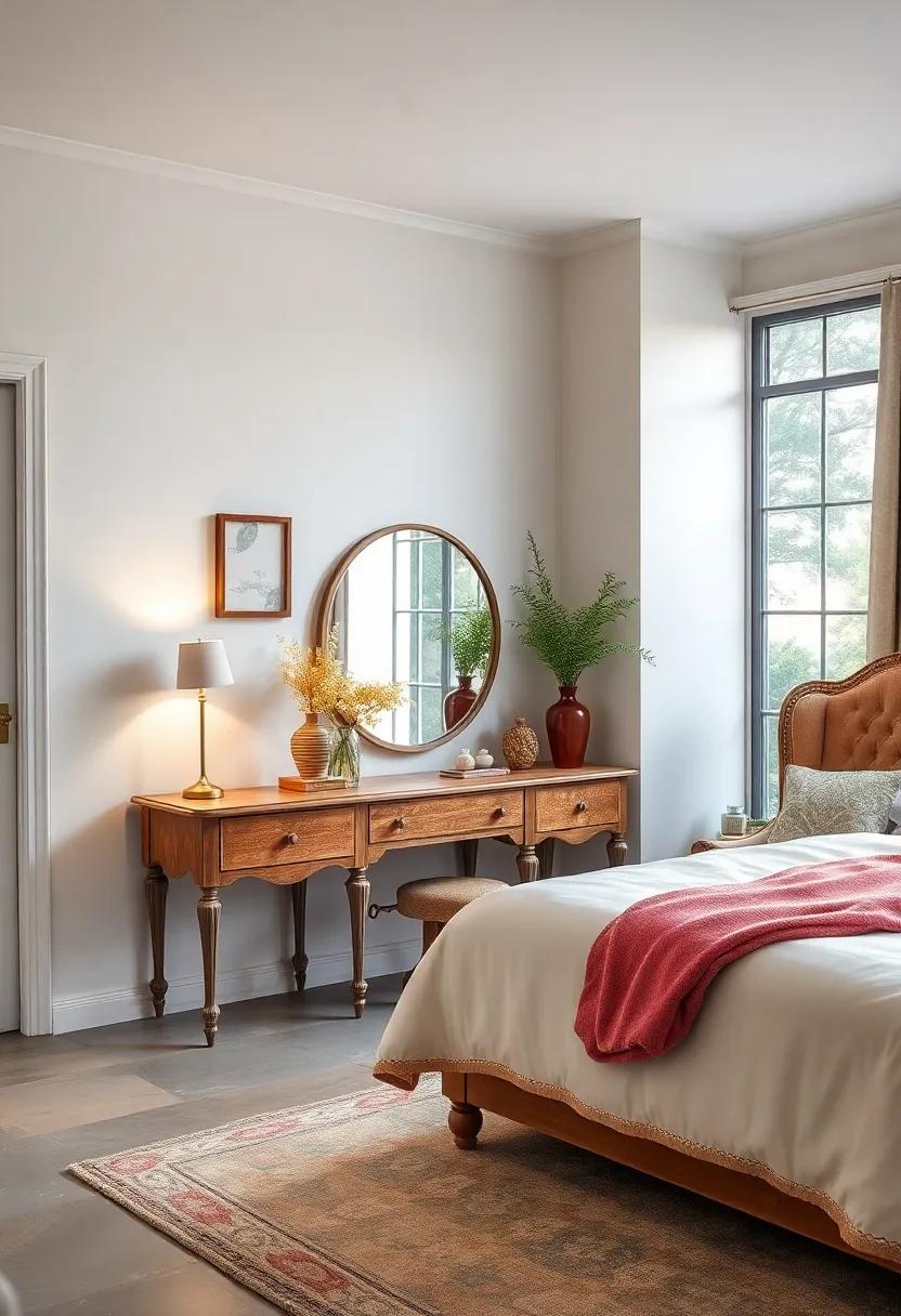 Include ⁢a ‌retro-inspired ⁤dressing table with ⁢plush ⁣cushions and details like scalloped edges for a charming, feminine touch