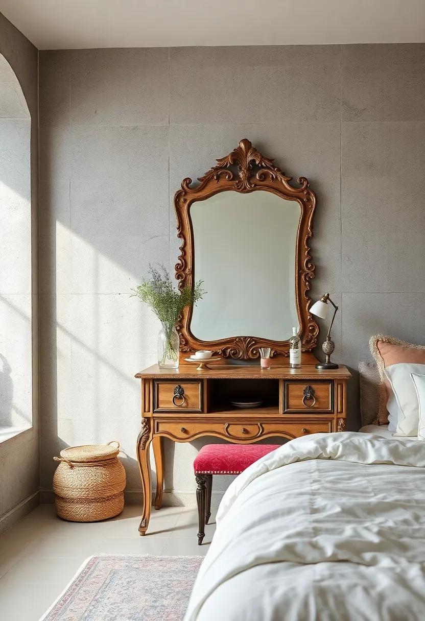 Introduce an elegant vanity table with an antique ‌mirror, featuring ornate details and vintage cosmetics, offering both ‍functionality ‌and ‍charm