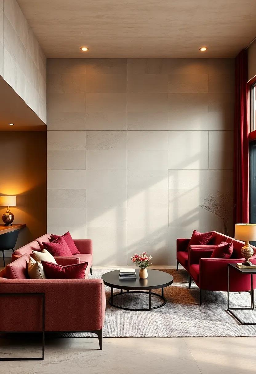 Embracing ⁢Warmth:‍ A cozy living room featuring deep burgundy accents perfectly balanced with soft ​champagne tones creates ⁢an inviting atmosphere