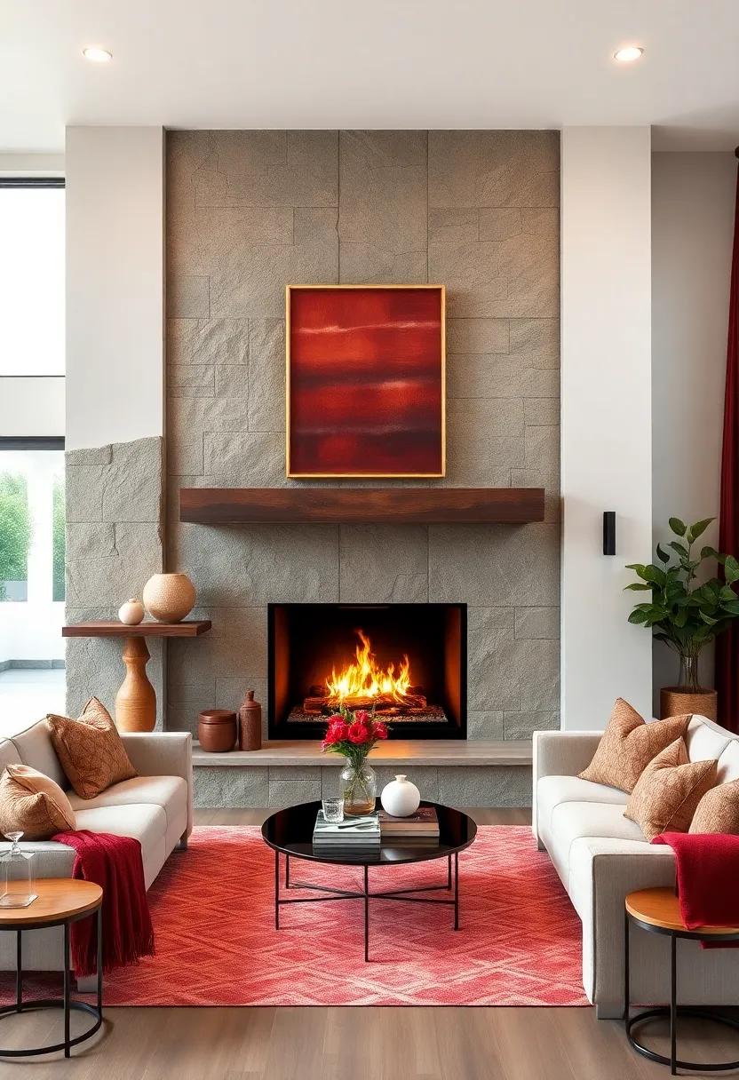 Cozy Fireplaces: A stunning fireplace surrounded by burgundy decor and champagne accents creates a warm focal point ideal for family gatherings