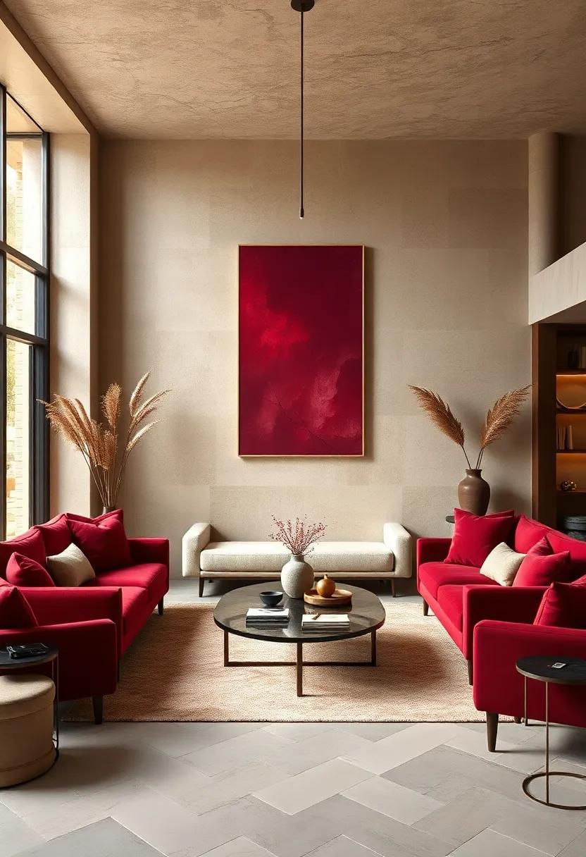 Subtle Sophistication: A minimalist approach to design, where light champagne walls​ serve as a canvas for burgundy artwork, creating a gallery-like feel