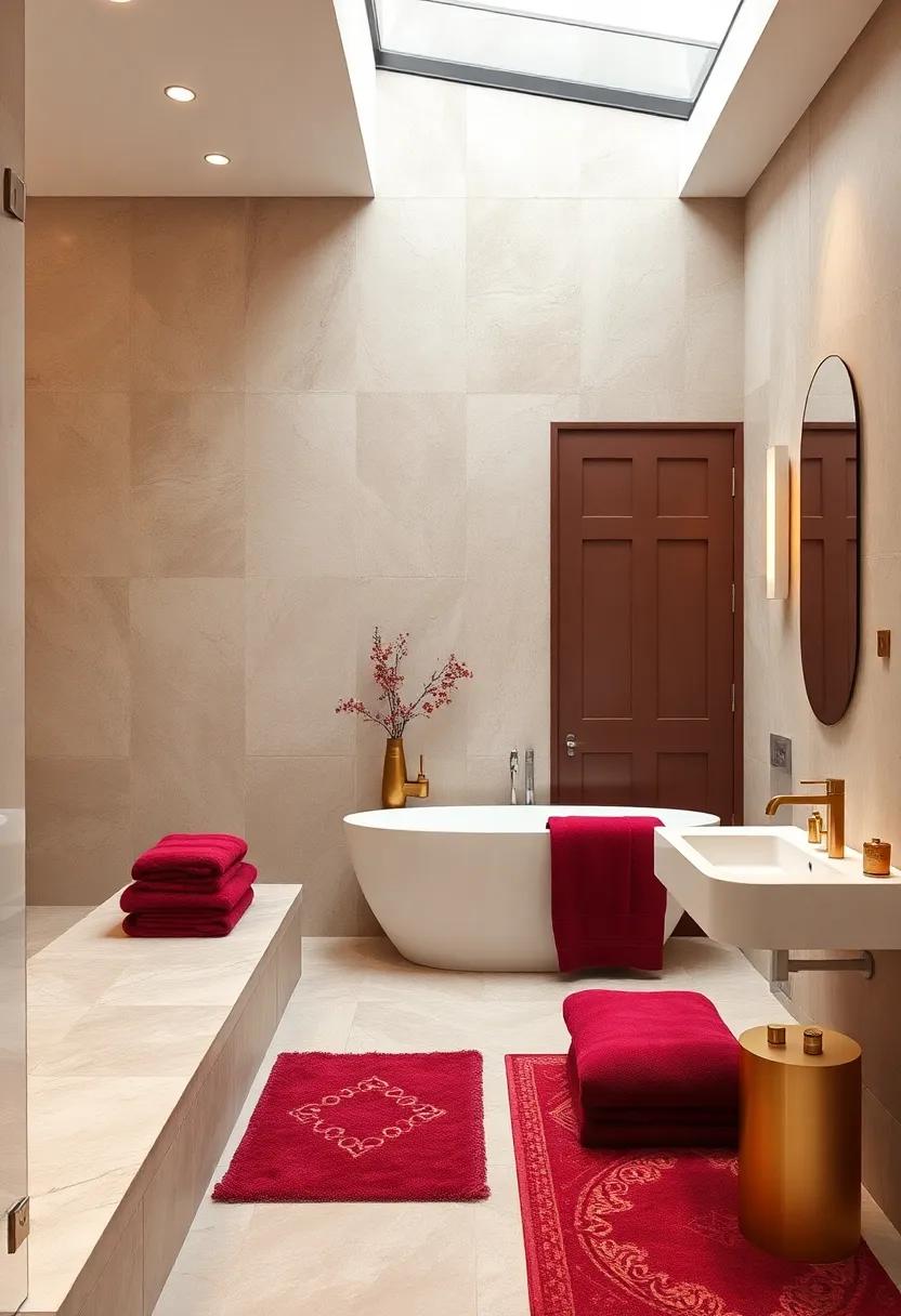 Luxurious Bathrooms: A ⁤spa-like bathroom where deep burgundy towels and accessories​ are artfully paired with champagne fixtures for a touch of sophistication