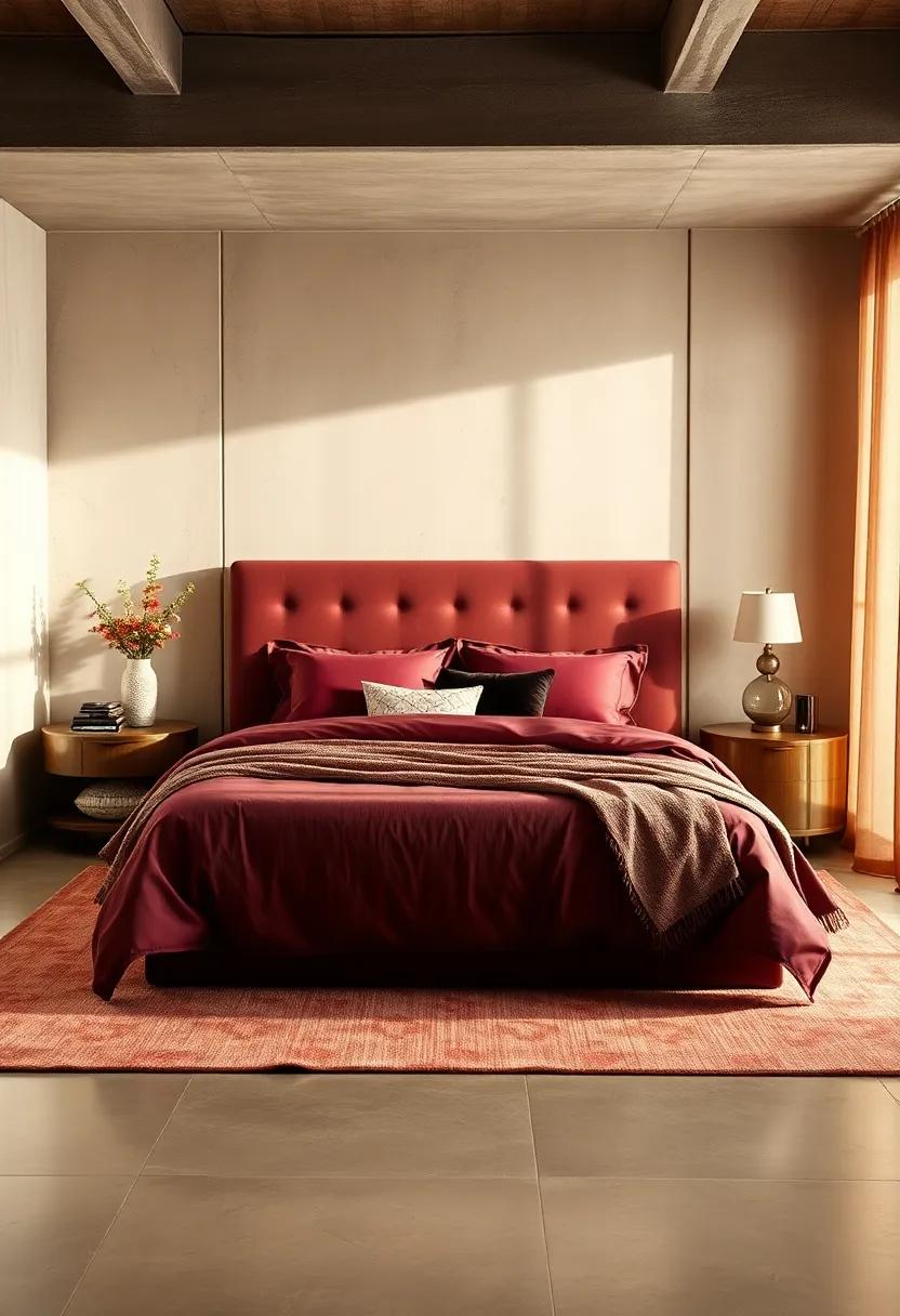Harmony in the Bedroom: A serene bedroom ⁢retreat where plush burgundy linens complement champagne-hued walls, offering a haven of⁤ relaxation