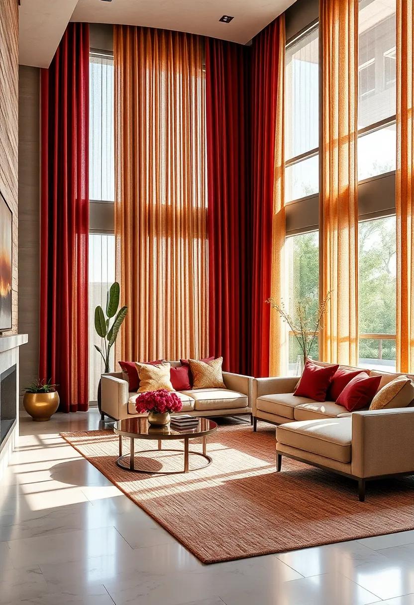 Textured elegance: A living‍ space enhanced by textured burgundy curtains that beautifully frame champagne-colored windows, adding depth and richness to the light