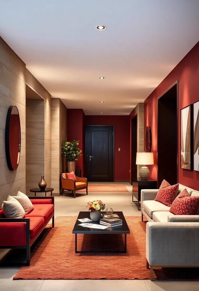 Transitional Spaces: A beautifully designed hallway merging ‌burgundy ⁢and ⁢champagne through a balanced selection of decor, showcasing seamless flow