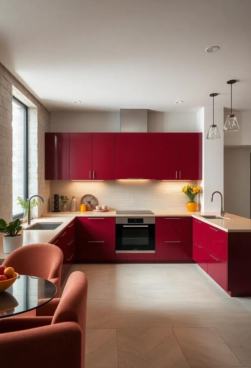 Contemporary Kitchens: A modern kitchen showcasing burgundy cabinetry contrasted with champagne-colored countertops, creating a bold yet refined cooking space