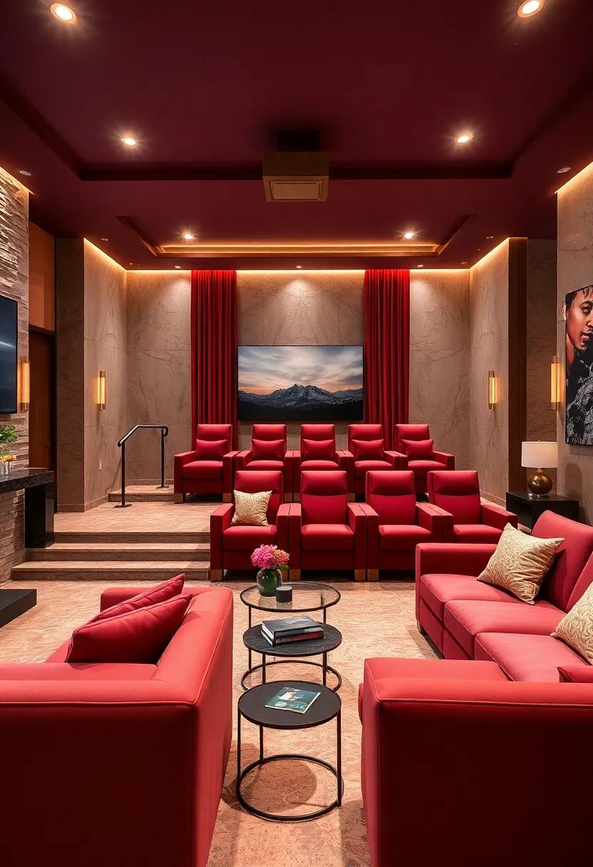 Radiant Home Theaters:​ A luxurious⁤ home theater complete ⁤with burgundy seating and champagne ‌accents elevates the cinematic experience
