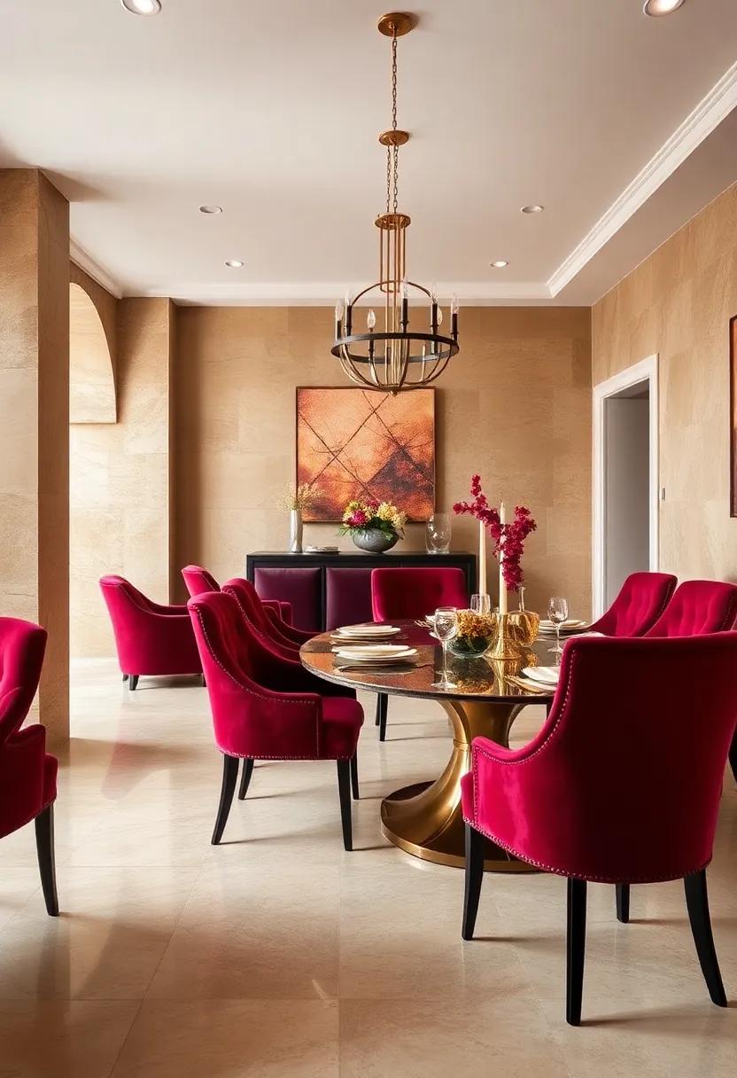 Elegant Dining Spaces: An⁣ opulent dining area adorned⁤ with burgundy velvet chairs against ⁣a backdrop of champagne-colored walls ⁣sets the stage for luxurious gatherings