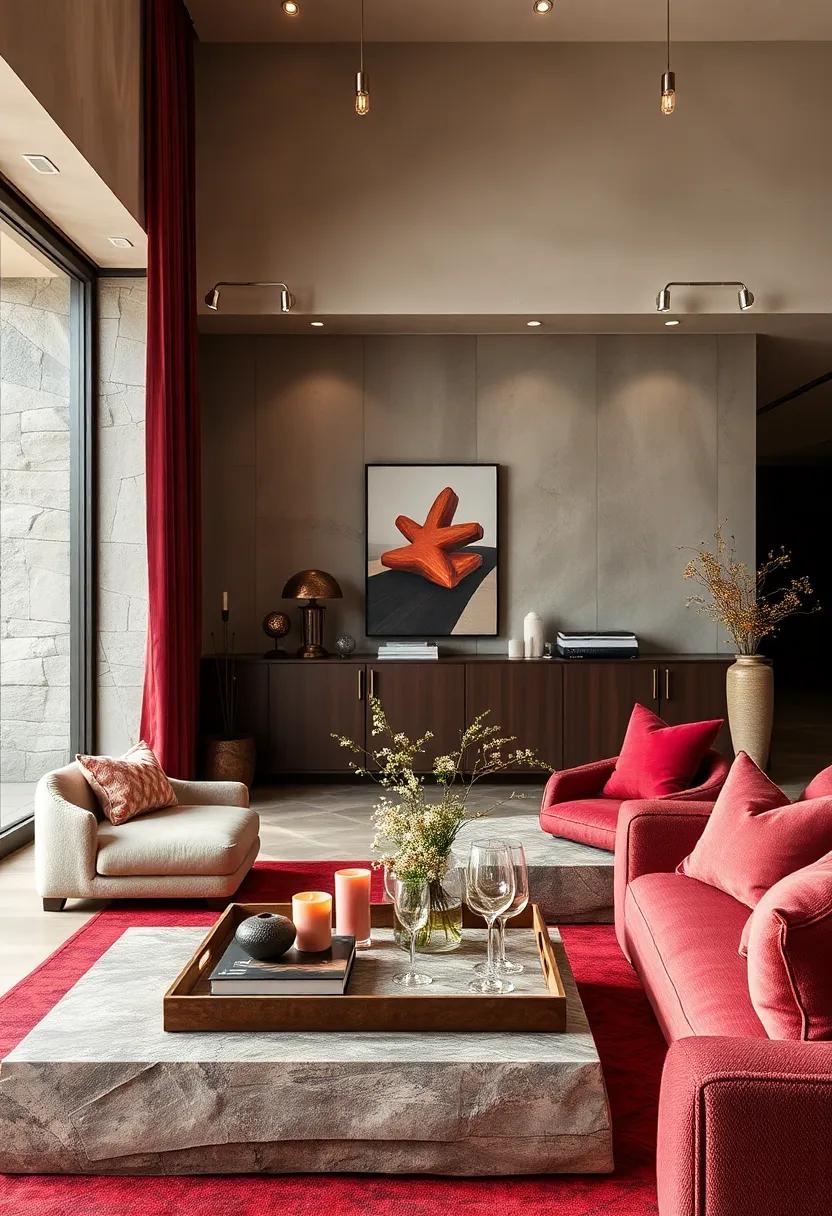 Thoughtful ‍Accessories: Burgundies in small decorative elements, such as candles and books, juxtaposed with champagne trays, enrich the‍ overall design