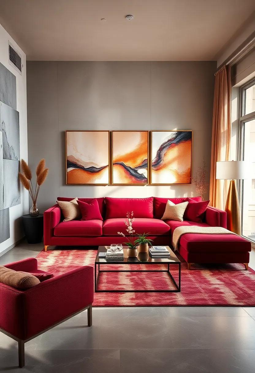 Artistic Living Rooms: ‍A statement burgundy sofa enhances⁢ a modern living room, harmonizing beautifully with champagne art pieces on the walls
