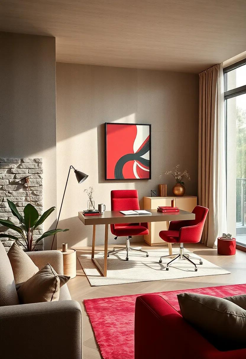 Chic Home Offices: A fashionable workspace where burgundy ​desk accessories juxtapose against a sleek champagne desk,⁤ fostering both creativity and elegance