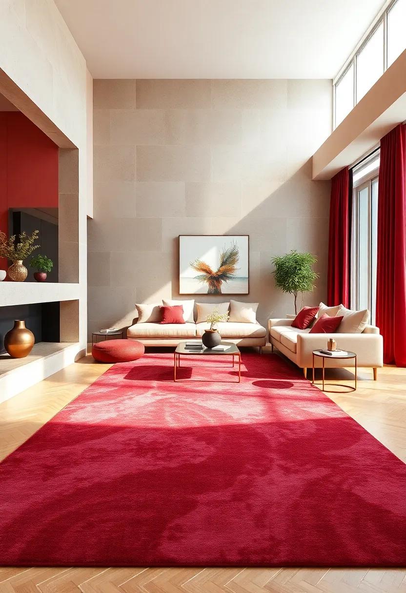 Eye-Catching Rugs: A bold ‌burgundy​ area rug paired with champagne-toned flooring ties the room together, offering both warmth and elegance