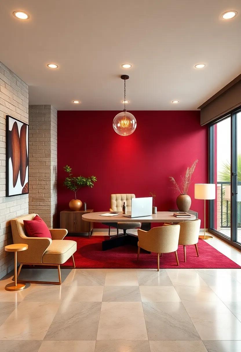 Warmth in offices: An office space with a warm burgundy accent wall and champagne office accessories encourages productivity while maintaining ⁢elegance