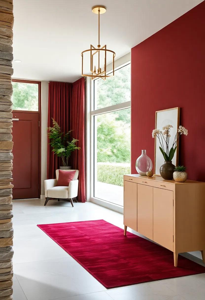 Tasteful Entryways: A striking entryway featuring a burgundy accent rug and champagne-painted console table welcomes guests with ⁤style