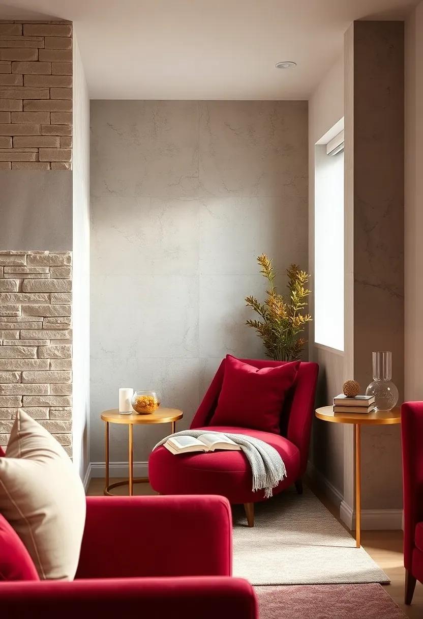 Cozy Reading Nooks: A ⁢charming alcove with a burgundy chaise lounge and ‌champagne side table invites relaxation with a good book in hand