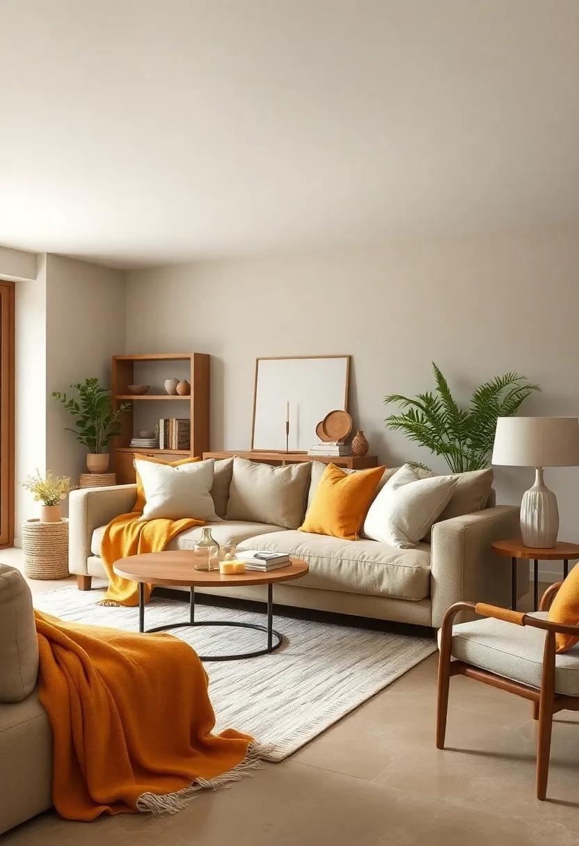 Layer Textiles: Use warm butterscotch ​throw blankets and ivory cushions on your sofa ⁢to create⁣ a tactile and inviting space