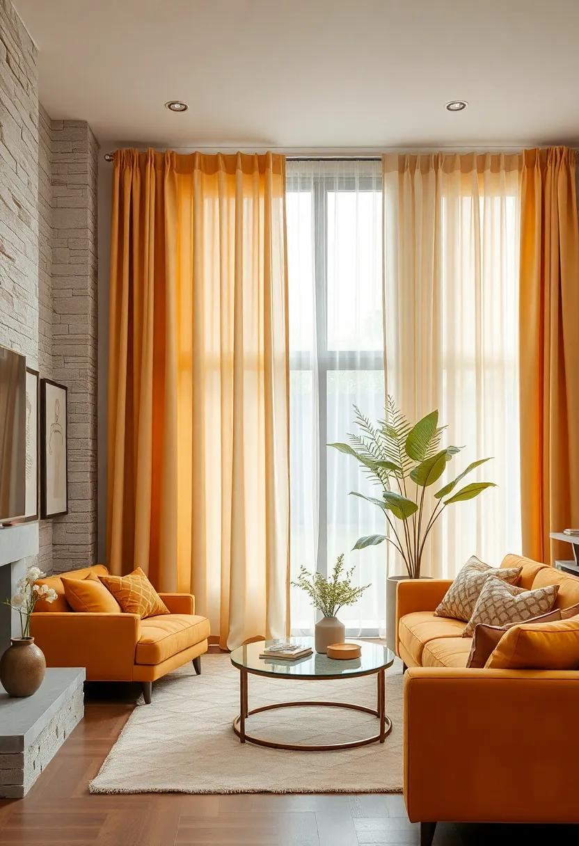 textured Curtains: Hang⁢ billowy​ ivory curtains that filter light beautifully, contrasting with darker butterscotch furnishings⁢ to create depth