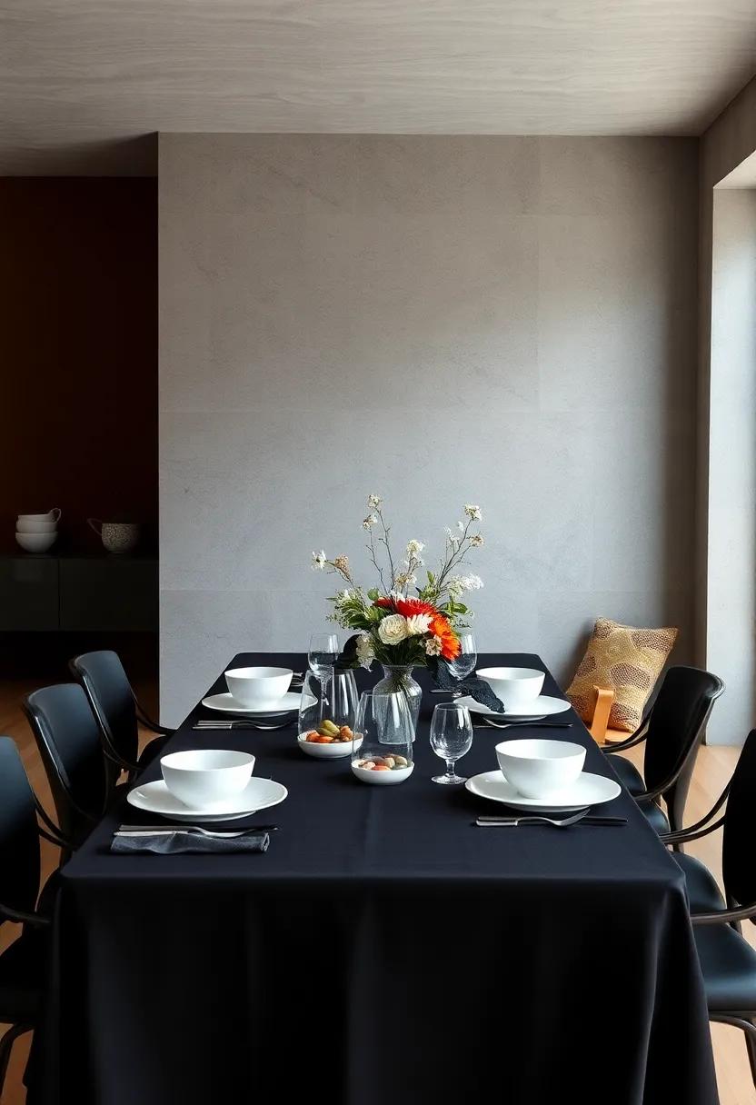 Embrace ⁣minimalism: A simple black tablecloth​ paired with white​ dinnerware creates a modern, sleek look ‌that allows food to⁤ take center stage
