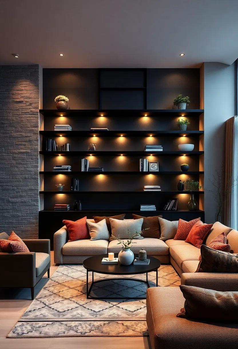 Dramatic Backlighting: Create a stunning⁣ focal point with backlit black⁣ shelves⁤ that add depth and drama to your living room ambiance