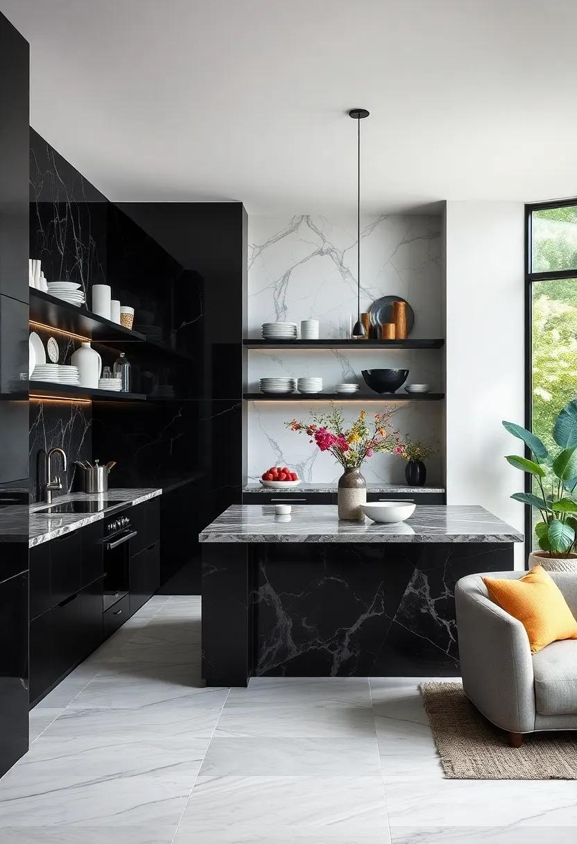 Luxe Open Shelving: examine how open shelving ‍in a black ⁢kitchen can showcase beautiful marble dishes, adding both style ⁣and functionality