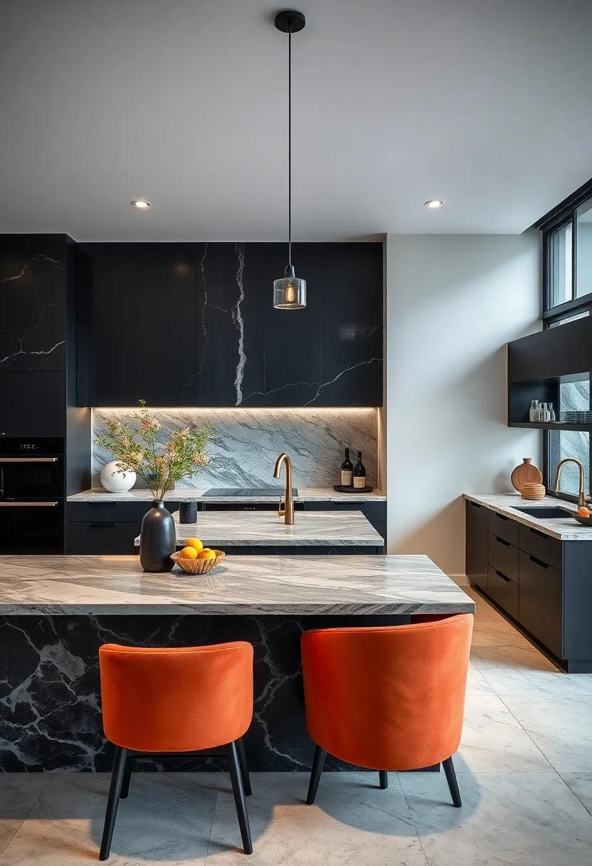 Sleek and Modern:⁢ Uncover the allure of minimalist black kitchen islands topped with polished marble, perfect for a‌ contemporary ‍feel