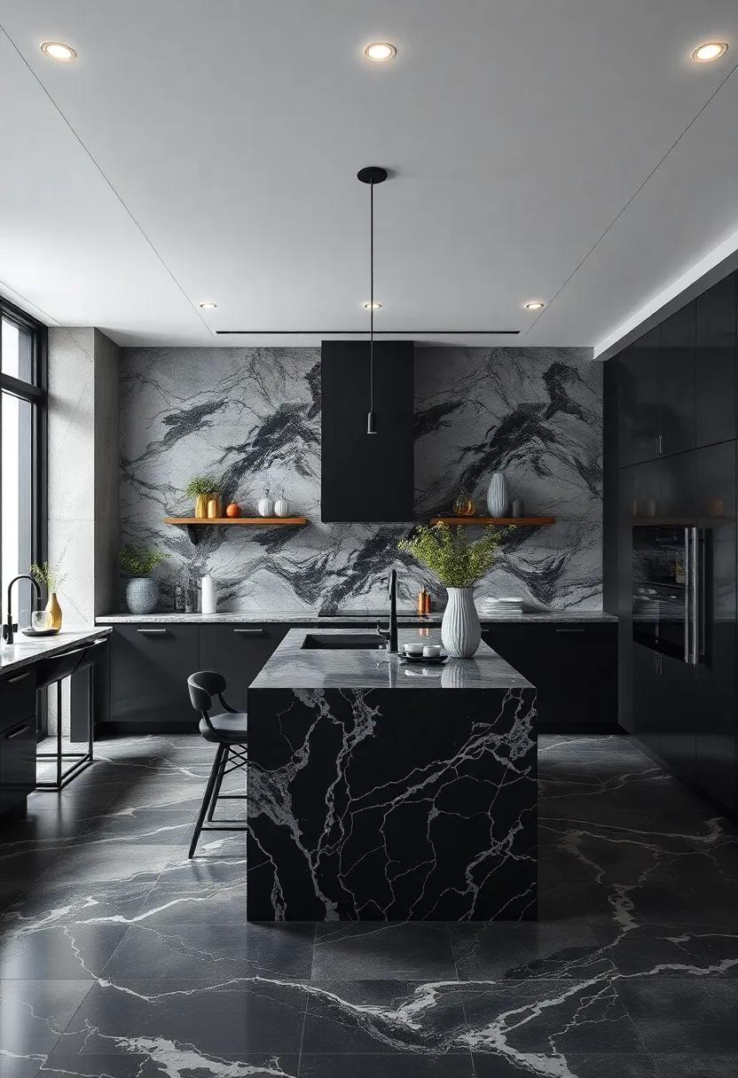 Artistic Flair: See how artistic marble patterns can become⁤ the focal point in a predominantly black kitchen, showcasing​ unique design elements