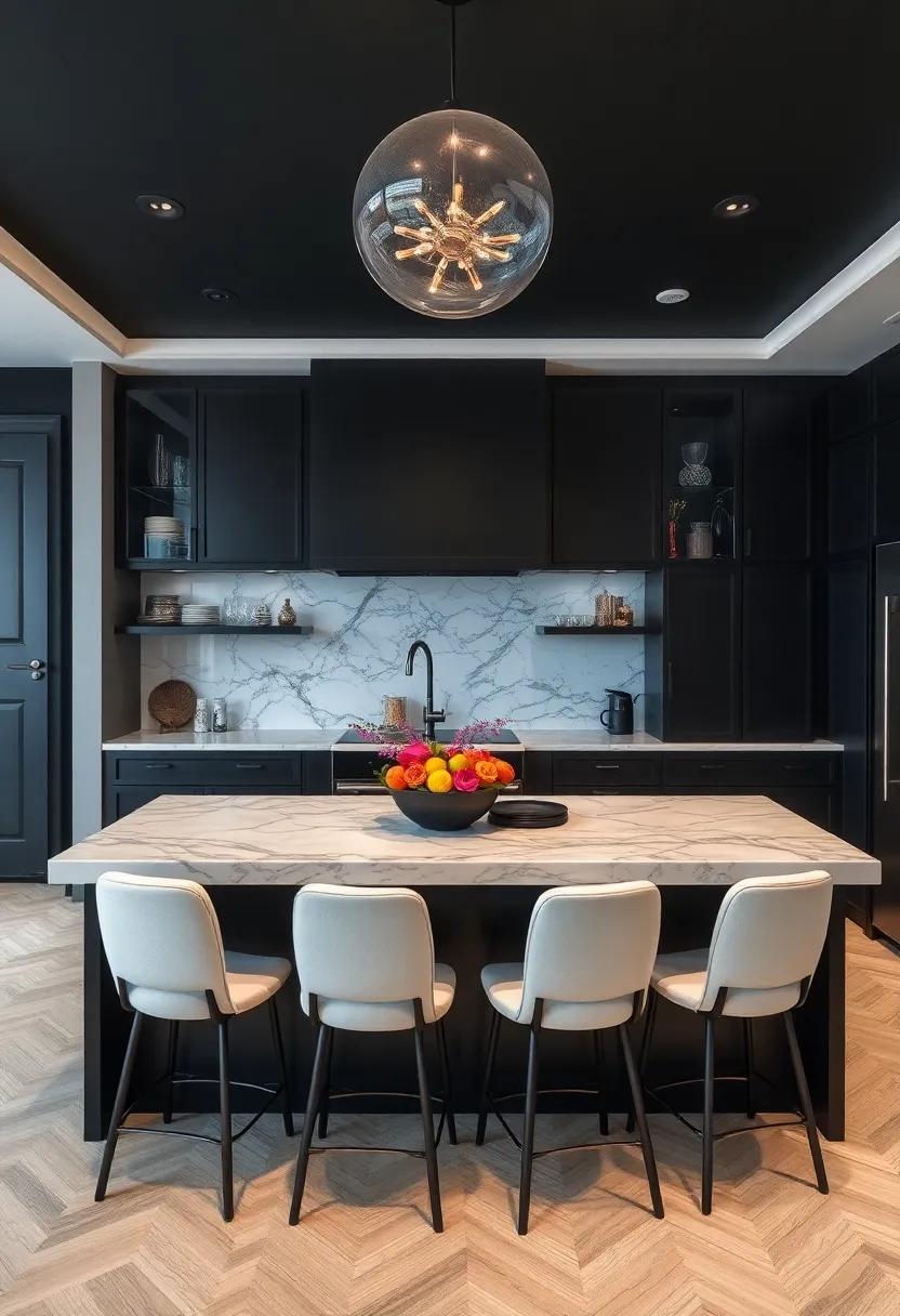 Monochrome Magic: Explore⁢ the beauty of a ⁣completely black kitchen accented with ​white marble⁣ splashes​ to create a cohesive and ‌dramatic appearance