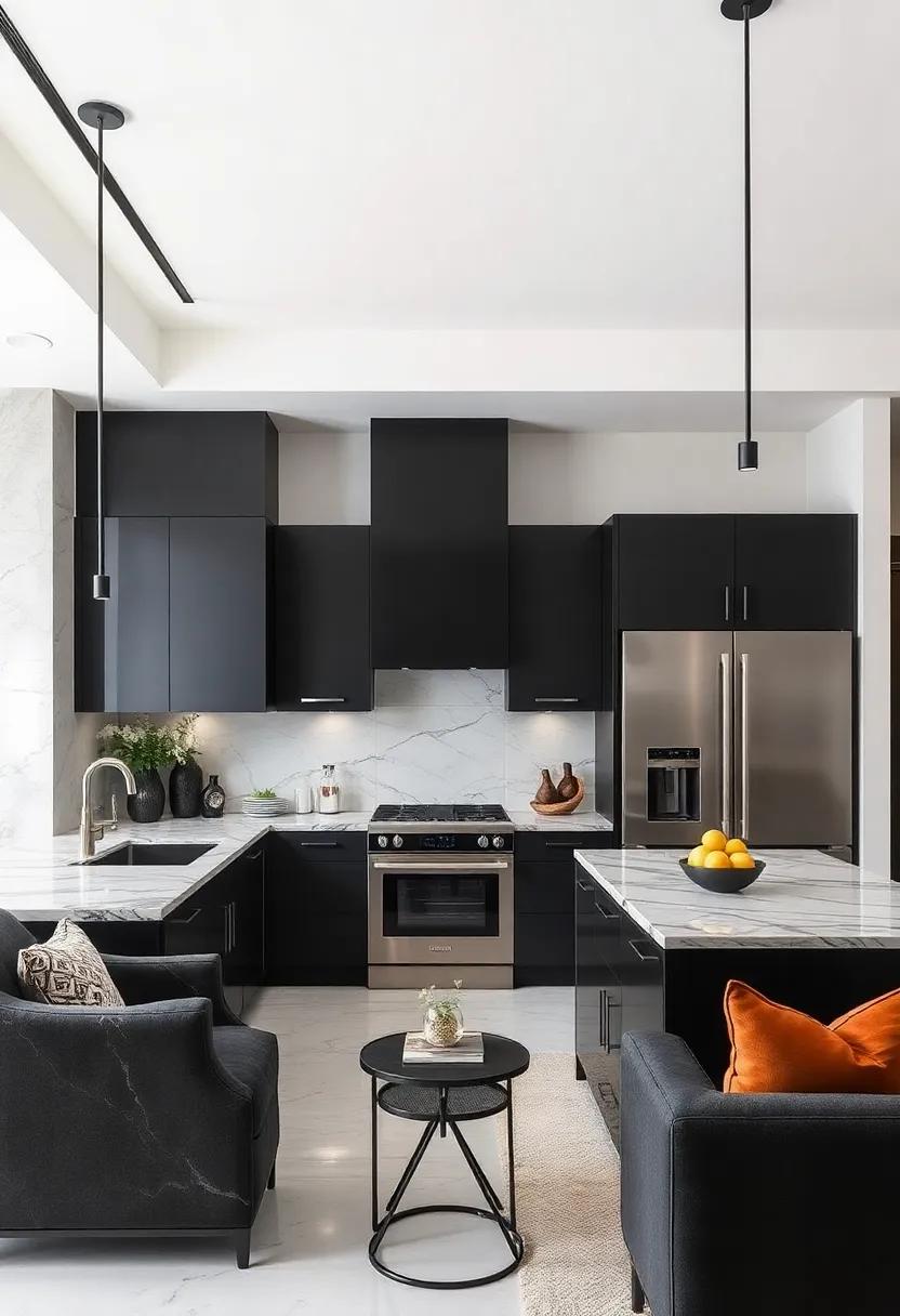 Elegant Fixtures: Explore⁢ how high-end appliances in stainless steel contrasts stunningly ‌with the rich hues⁢ of marble and ​black ‍furnishings