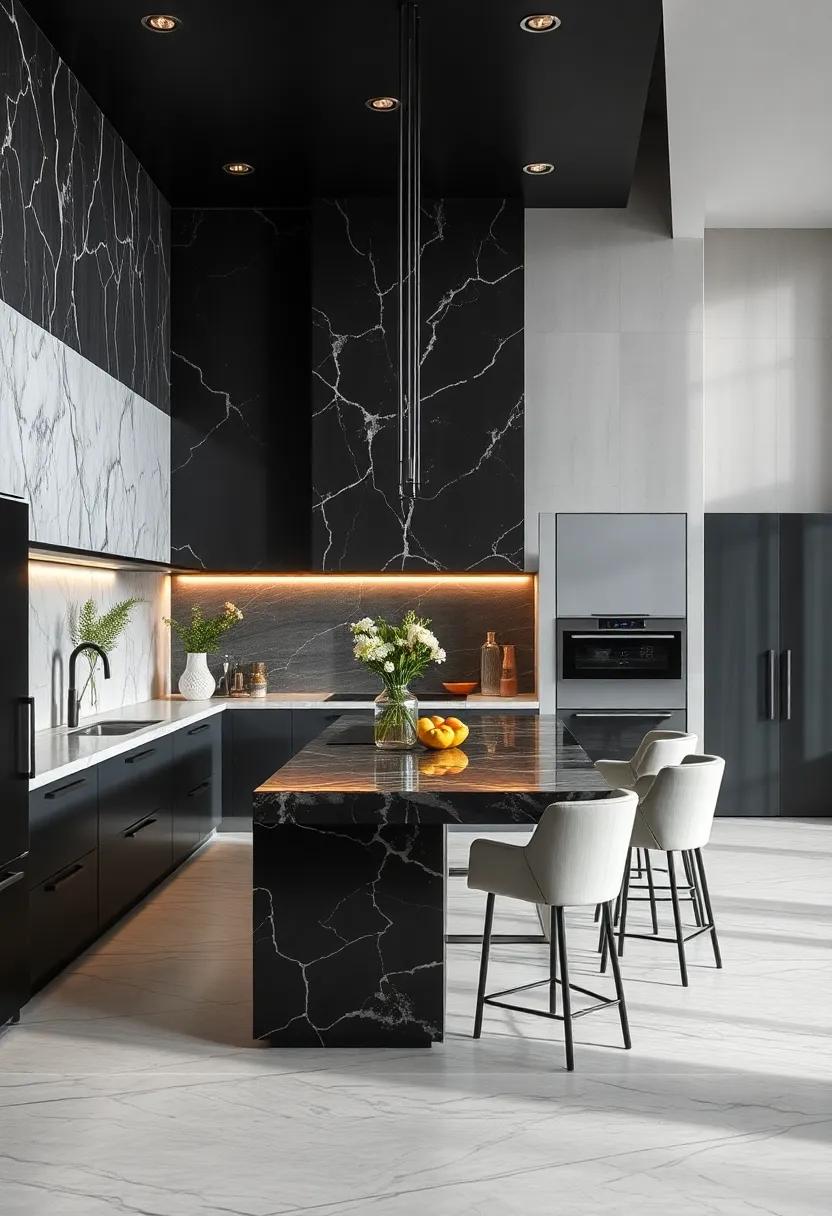 Light and Shadow: Investigate how​ strategically placed⁣ lighting can⁢ play off⁣ the dramatic‌ black and marble finishes, creating a‌ dynamic kitchen ambiance