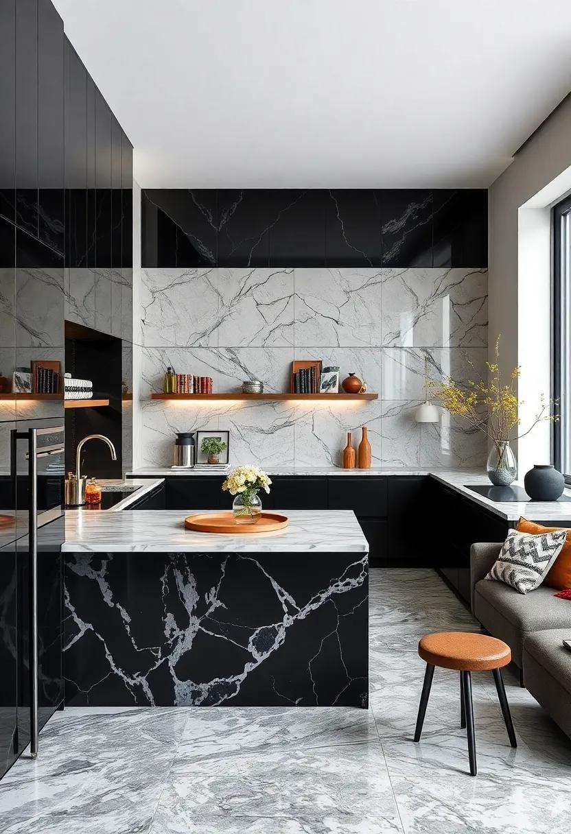 Seamless Integration: Study ⁢spaces where black ⁣cabinetry seamlessly‌ integrates with marble features to create an uninterrupted flow in design